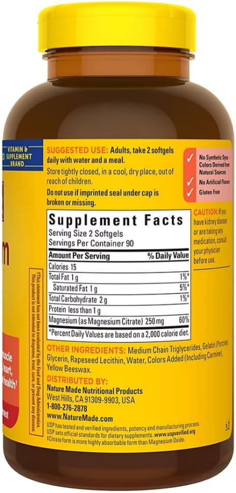 Nature Made Citrato de Magnésio 250 mg, 180 Capsulas Softgel