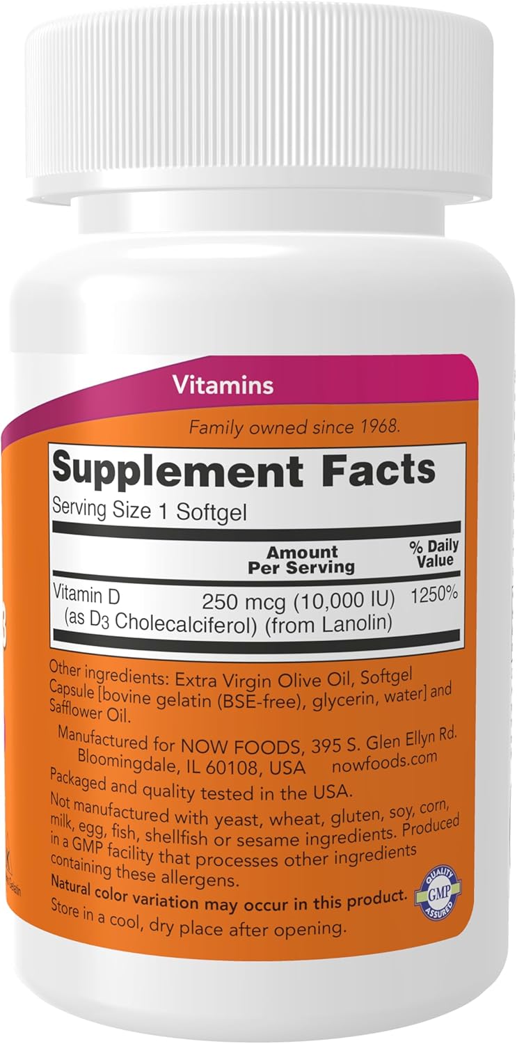 NOW Foods, Vitamina D-3 10.000 UI, Potência Máxima, 120 Softgels